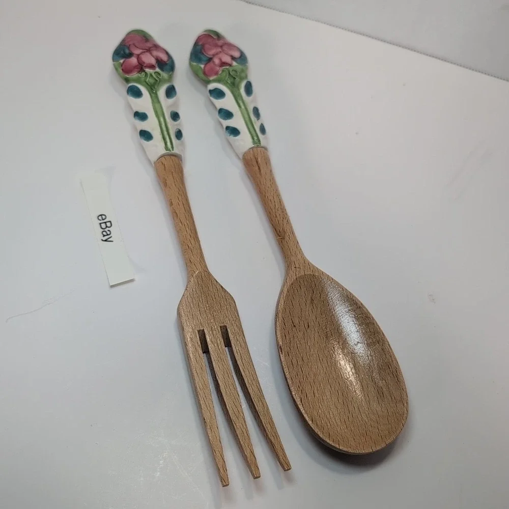 Assisi Serving Spoon & Form Wooden Ceramic HAndle Blue Sunflower Floral Folk Art